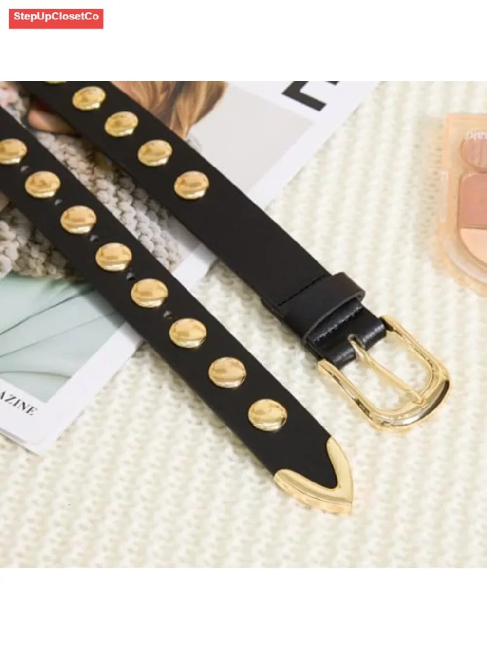 Women's PU Leather Belt with Gold Buckle, Casual Waist Accessory for Jeans &